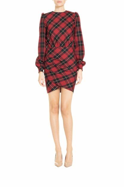 Poupine FW24-25 - Red, Black, and Gold  tartan stretch mini dress