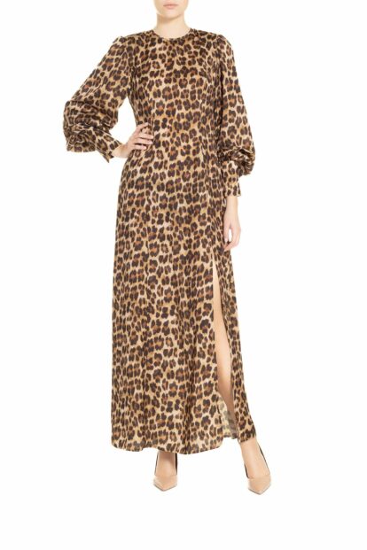 Brown and black leopard print Long dress with side Slit