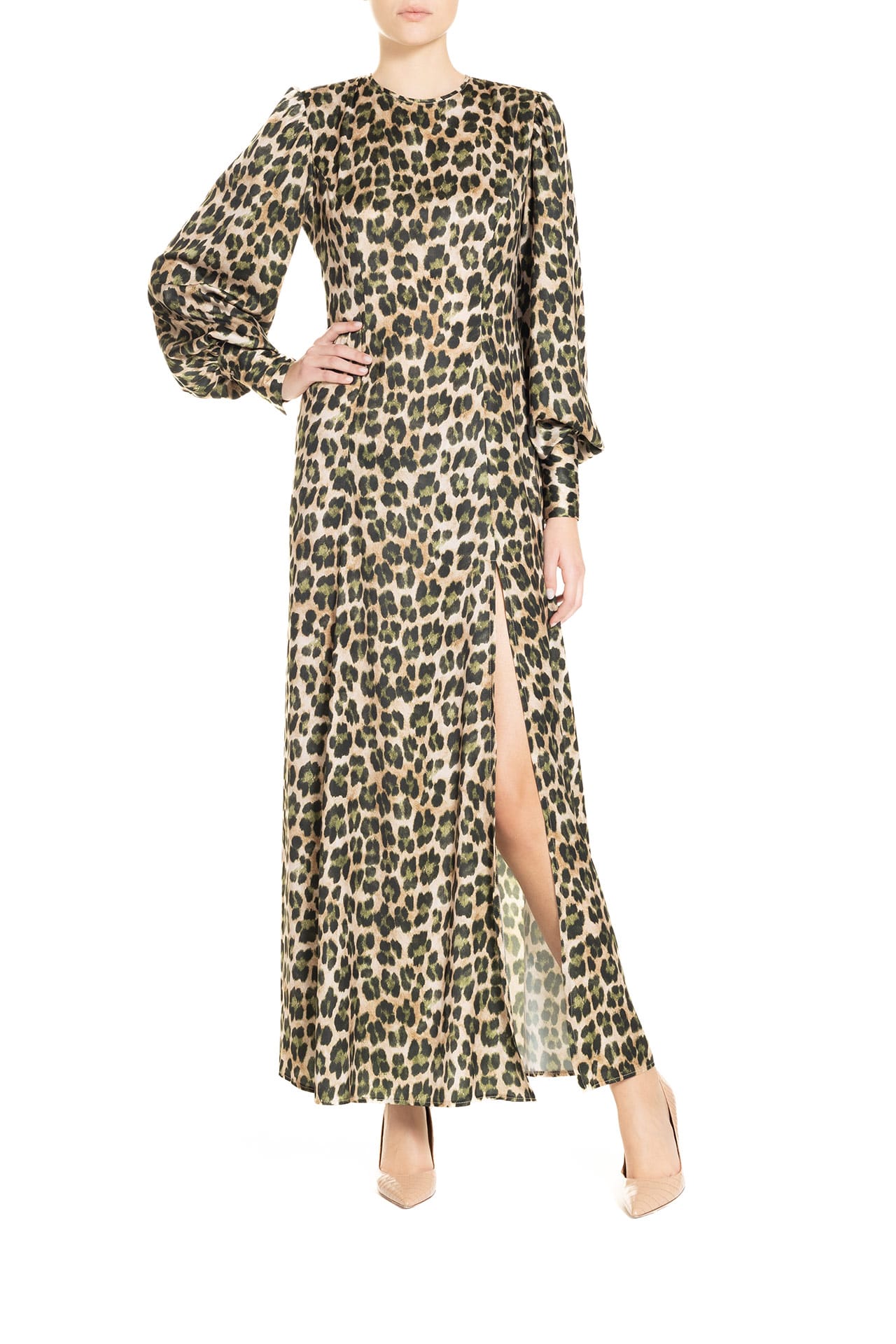 Vestito lungo spacco Animalier Verde e Nero Poupine