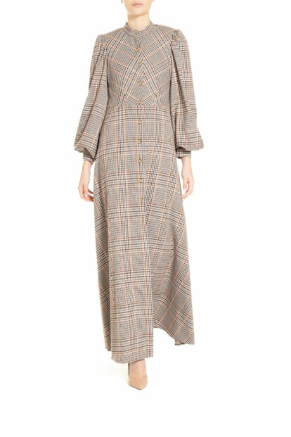 Poupine FW24-25 - Vestito lungo  Tartan Pied de Poule Marrone e Arancio