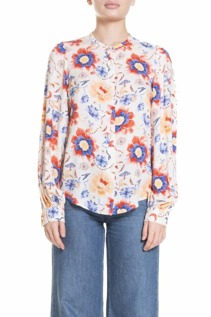 Poupine SS-25 - Camicia girocollo Fantasia Fiore Blu