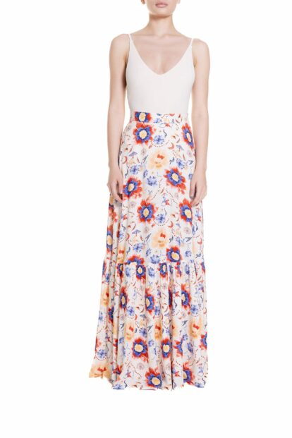 Poupine SS-25 - Gonna lunga a ruota con balza Fantasia Fiore Blu