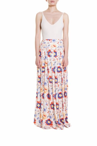 Poupine SS-25 - Gonna lunga a ruota con pieghe Fantasia Fiore Blu