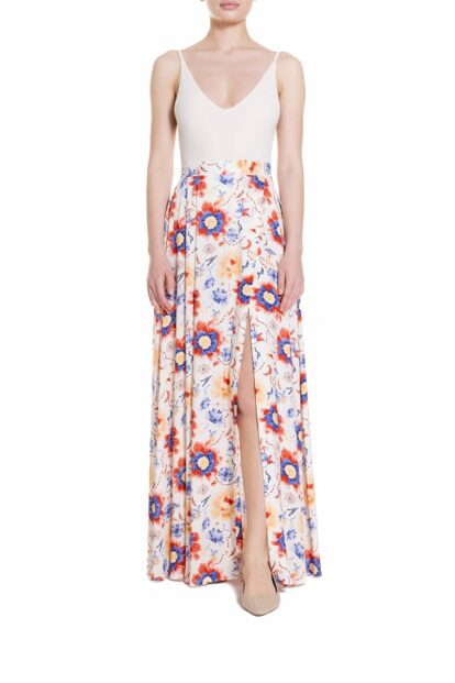 Poupine SS-25 - Gonna maxi a ruota con spacco laterale Fantasia Fiore Blu