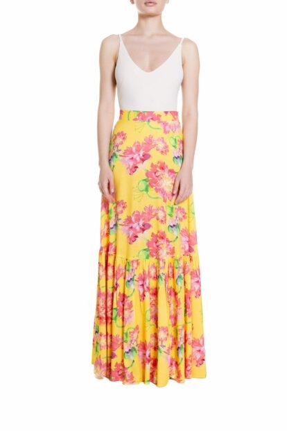 Poupine SS-25 - Gonna lunga a ruota con balza Fantasia Fiore Rosa
