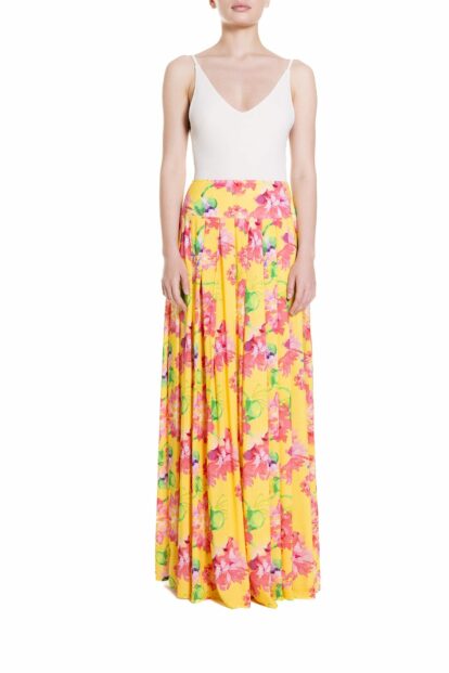 Poupine SS-25 - Gonna lunga a ruota con pieghe Fantasia Fiore Rosa