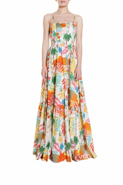 Poupine SS-25 - Vestito lungo con bretelline e balza Palme