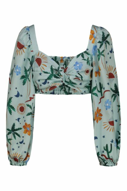 Crop top with Cactus  Fantasy print puff sleeves