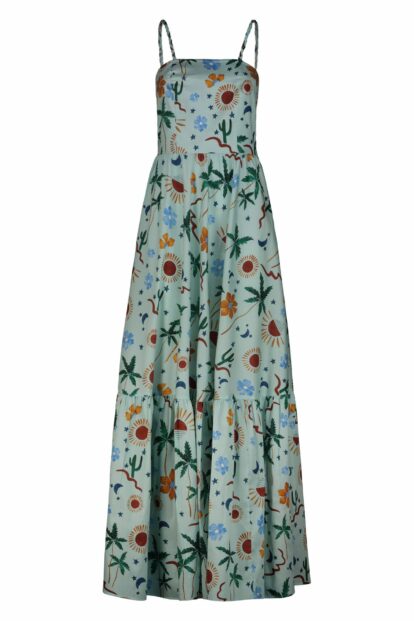 Long Dress With Dress With Straps And Flounce Cactus  Fantasy Print
