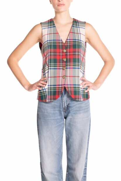 Poupine FW-25 - Gilet Tartan Bianco e Verde
