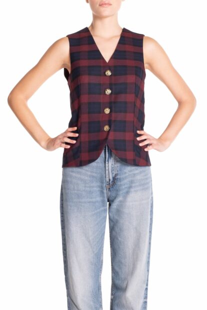 Poupine FW-25 - Gilet Tartan Blu e Bordeaux