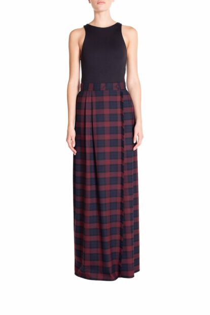 Poupine FW-25 - Gonna portafoglio lunga con frange Tartan Blu e Bordeaux