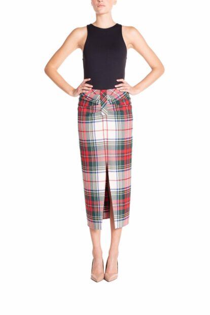 Poupine FW-25 - Gonna longuette arricciata Tartan Bianco e Verde