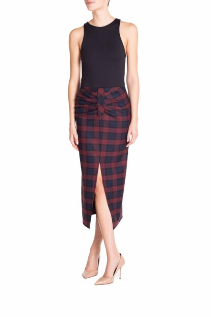 Poupine FW-25 - Gonna longuette arricciata Tartan Blu e Bordeaux