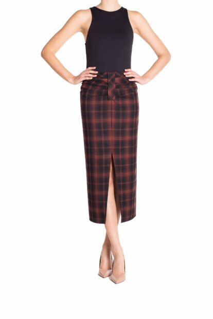 Poupine FW-25 - Gonna longuette arricciata Tartan Nero e Marrone