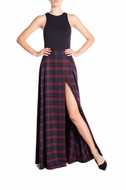 Poupine FW-25 - Gonna ruota maxi con spacco Tartan Blu e Bordeaux