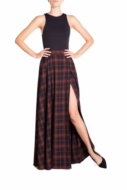 Poupine FW-25 - Gonna ruota maxi con spacco Tartan Nero e Marrone