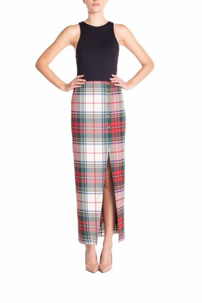 Poupine FW-25 - Gonna tubino con bottoni Tartan Bianco e Verde