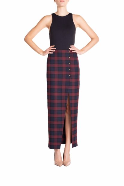 Poupine FW-25 - Gonna tubino con bottoni Tartan Blu e Bordeaux