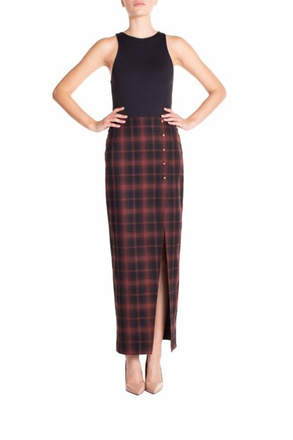 Poupine FW-25 - Gonna a tubino con spacco centrale  Tartan Nero e Marrone