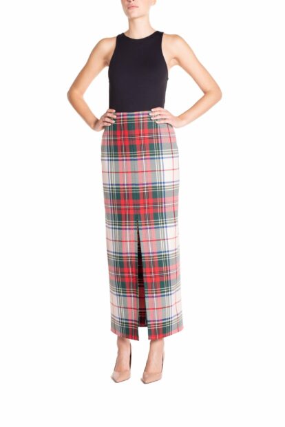 Poupine FW-25 - Gonna a tubino con spacco centrale  Tartan Bianco e Verde
