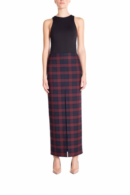 Gonna a tubino con spacco centrale  Tartan Blu e Bordeaux