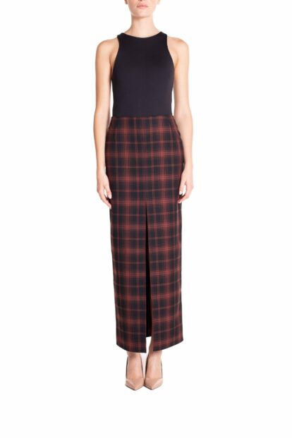 Gonna a tubino con spacco centrale  Tartan Nero e Marrone