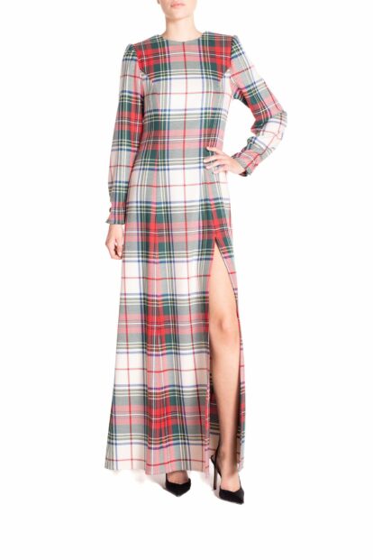 Poupine FW-25 - Vestito lungo con spacco Tartan Bianco e Verde