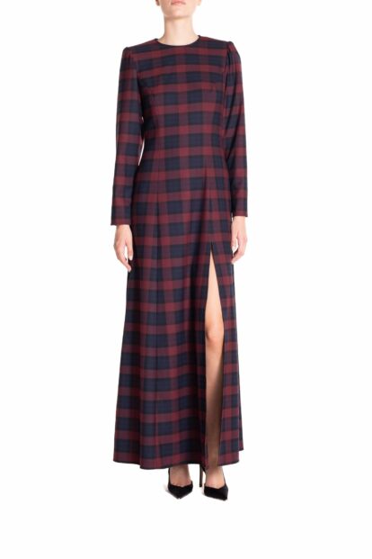 Poupine FW-25 - Vestito lungo con spacco Tartan Blu e Bordeaux