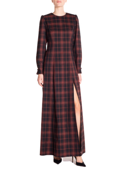 Vestito lungo con spacco Tartan Nero e Marrone