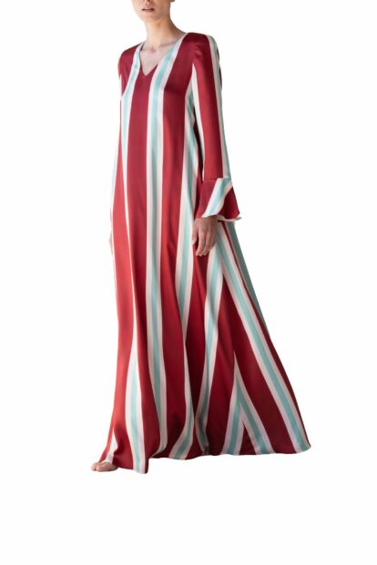 Poupine SS-26 - Caftano lungo con spacco Riga Bordeaux e Verde Acqua