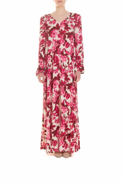Poupine SS-26 - Caftano lungo con spacco Fantasia Fiore Lampone e Panna
