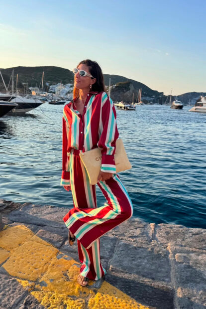 Pantalone a palazzo Riga Bordeaux e Verde Acqua