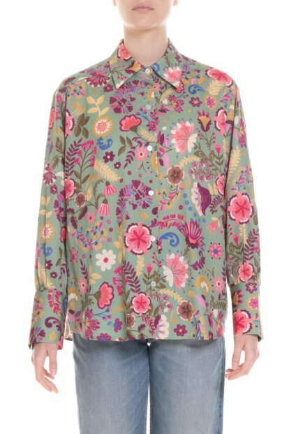 Poupine SS-26 - Camicia over Fantasia Fiore Verde Salvia