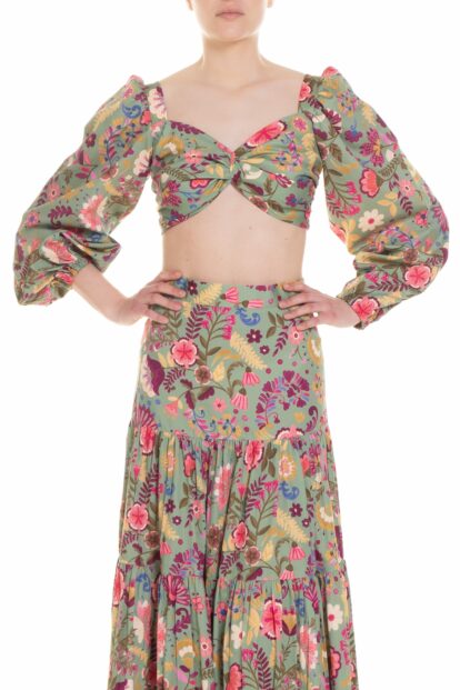 Poupine SS-26 - Crop top  Fantasia Fiore Verde Salvia