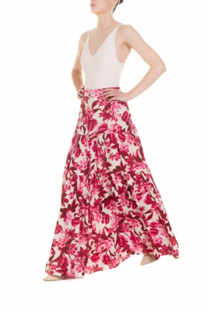 Poupine SS-26 - Gonna lunga a balze Fantasia Fiore Lampone e Panna