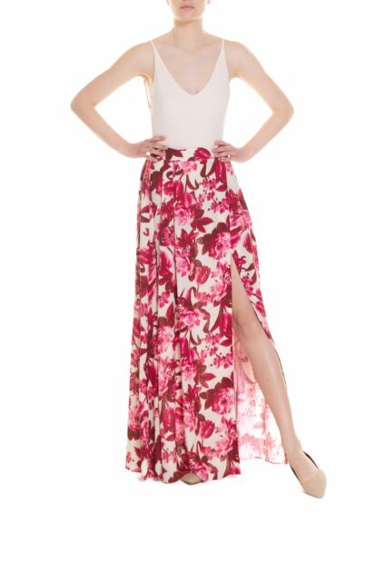 Poupine SS-26 - Gonna maxi a ruota con spacco laterale Fantasia Fiore Lampone e Panna