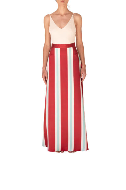 Burgundy & Aqua Green Stripe Simple Flared Long Skirt
