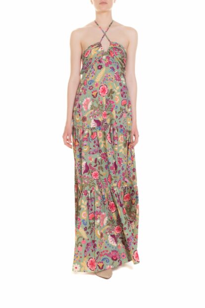 Poupine SS-26 - Vestito lungo con balze Fantasia Fiore Verde Salvia